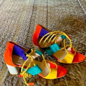 Multi color sandals/ lace up style cork style heel. New never worn
